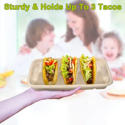 Miniatura 7 de Paquete de 100 soportes desechables para tacos, platos desechables para tacos con divisores, bandejas de papel compostable, juego de servir barra