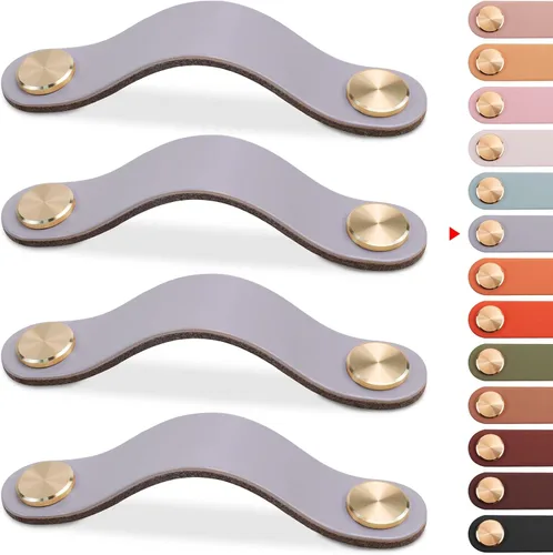 Miniatura 23 de Paquete de 4 tiradores de cuero para cajones, color beige, pomos de puerta de armario de 3.7 pulgadas, tiradores de piel sintética para tocador