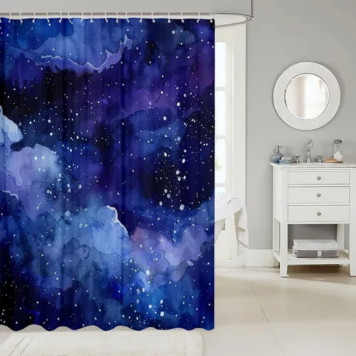 Miniatura 2 de Cortina de baño con temática del universo cósmico de galaxia, juego de cortina de ducha de cielo nocturno estrellado para niños y adultos, cortina