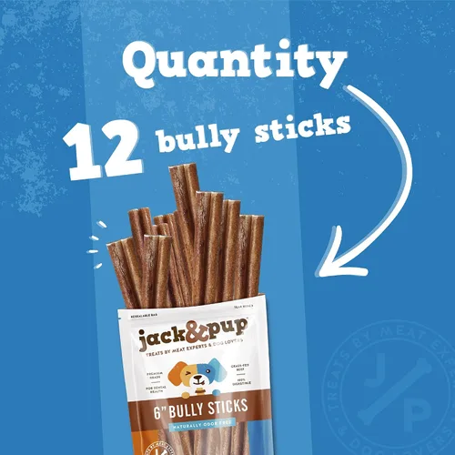 Miniatura 4 de Jack&Pup Bully Sticks Jumbo de 6 pulgadas para perros (paquete de 12) Palitos de perro de un solo ingrediente para perros grandes y masticadores