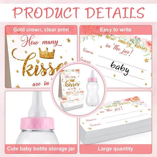 Miniatura 2 de Fuutreo 52 piezas de Baby Shower Game Guess How Many Kisses Favors Incluye un biberón grande de pie con 50 tarjetas pequeñas, decoraciones florales
