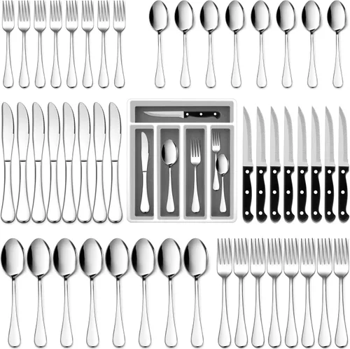 Miniatura 11 de E-far Juego de cubiertos negros de 24 piezas con cuchillos para carne, cubiertos de acero inoxidable para 4, modernos juegos de utensilios de metal