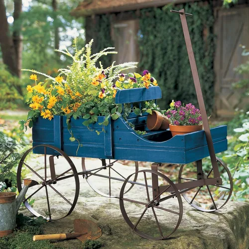 Miniatura 2 de Carreta Amish decorativa, maceta de jardín de atrás de interior y exterior, Azul