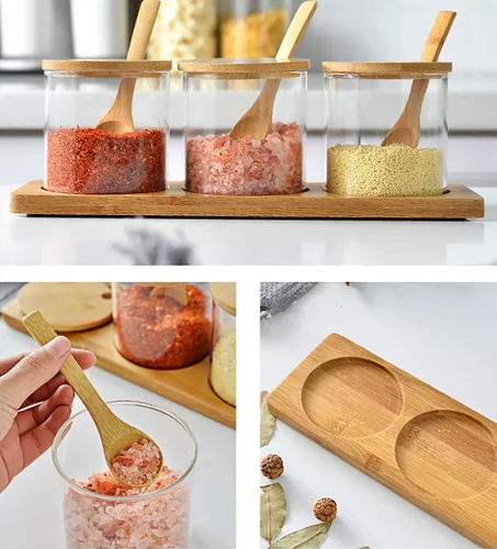 Miniatura 3 de Lawei Juego de 3 tarros de condimentos con tapas y cucharas – Tazones de cristal para azúcar y sal para servir azúcar, especias y sal