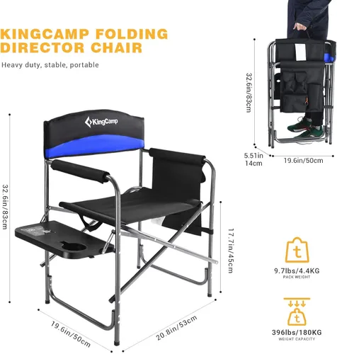 Miniatura 7 de KingCamp silla de director plegable de campamento, silla con asiento acolchado de gran tamaño con mesa y bolsillos laterales, soporta 396 libras
