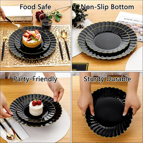 Miniatura 5 de Ciaell 175 platos de plástico festoneado negro con ribete dorado, cubiertos de plástico negro con asa, juegos de vajilla de alta gama para bodas