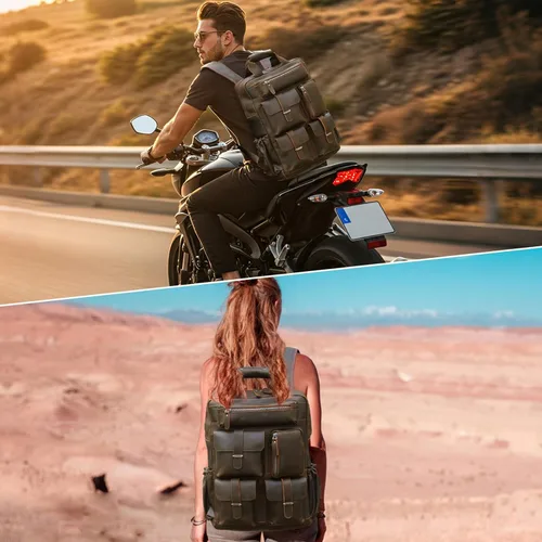 Miniatura 2 de Mochila de cuero genuino para hombre, estilo vintage, de 15.6 pulgadas, bolsa para computadora portátil, varios bolsillos, mochila casual de viaje