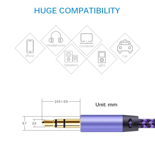 Miniatura 2 de AILKIN Cable AUX para automóvil, paquete de 2 cables de audio auxiliar de 0.138 in, acordes auxiliares estéreo trenzados compatibles