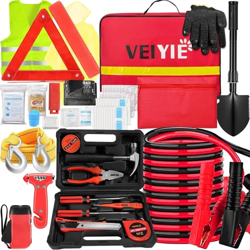 Miniatura 11 de Kit de emergencia en carretera para vehículos, kit de primeros auxilios de emergencia con compresor de aire portátil, cables de puente resistentes