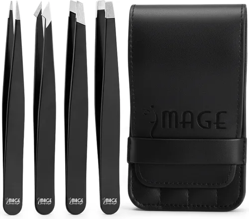 Miniatura 10 de 5 piezas de juego de pinzas de pestañas de acero japonés con punta de fibra y estuche de cuero, pinzas profesionales para extensiones de pestañas