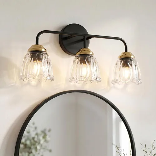 Lámpara de tocador vintage de 3 luces, lámpara de pared de baño con pantallas de cristal de flores sobre espejo, luz de tocador negra y dorada para