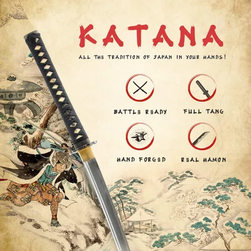 Miniatura 2 de HMS Katana samurái japonesa y Wakizashi Daisho Combo Set, Warrior and Temple Tsuba, templado térmico forjado a mano, acero al carbono 1045, vaina