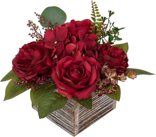Miniatura 13 de DILATATA Arreglo floral con jarrón de madera, flores artificiales de 10 pulgadas en maceta, flores falsas en jarrón rectangular de madera blanco