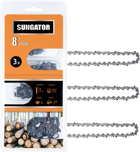 SUNGATOR Paquete de 3 cadenas de motosierra de 8 pulgadas SG-S33, paso LP de 3/8 pulgadas, calibre 0.050 pulgadas, 33 eslabones de transmisión