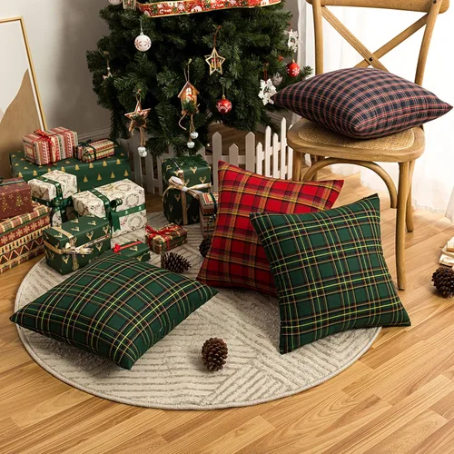 Miniatura 4 de AQOTHES Juego de 2 fundas de almohada decorativas a cuadros de Navidad para decoración rústica de casa, tartán escocés, verde, 22 x 22 pulgadas