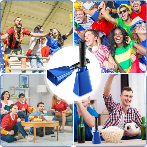 Miniatura 7 de Paquete de 3 campanas de vaca azules con asas, campana de animación para eventos deportivos, juegos de fútbol, escuela sólida grande, instrumentos