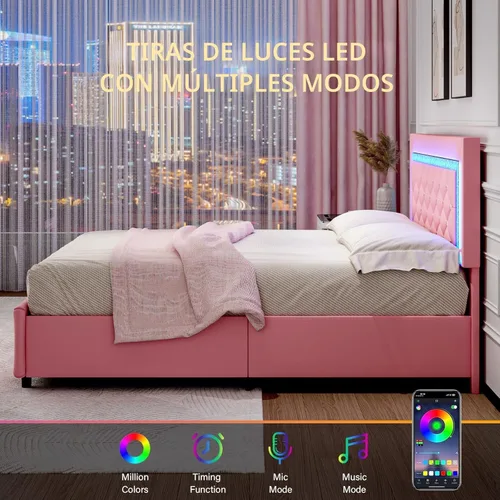 Miniatura 5 de Base de cama tamaño queen con luces LED, plataforma tapizada con cajones de almacenamiento, cama princesa con cabecera y cabecera de diamante,