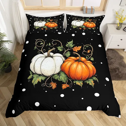 Miniatura 23 de Erosebridal Juego de funda de edredón individual de pavo de Acción de Gracias, juego de ropa de cama de calabaza y hojas de otoño para niños