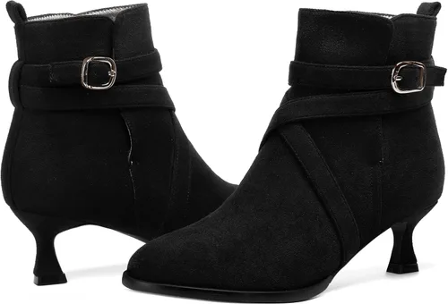Miniatura 6 de MODENCOCO Vestido de gamuza para mujer, puntera redonda, correa de tobillo, hebilla de moda, tacón bajo, botas altas hasta el tobillo, 2 pulgadas