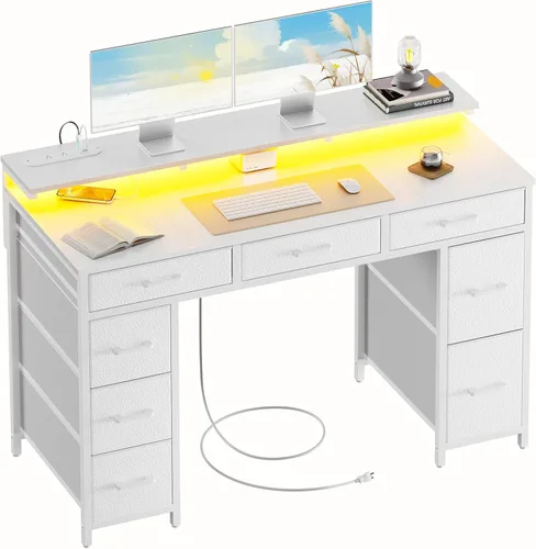 Miniatura 10 de HLDIRECT Escritorio de computadora de 47 pulgadas con 8 cajones de almacenamiento, escritorio para juegos con luces LED y tomas de corriente USB