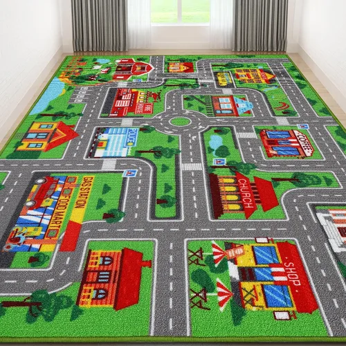 Miniatura 10 de Alfombra de juego para niños, alfombra de autos para niños, alfombra antideslizante con diseño de mapa de ciudad para niños, alfombra para sala