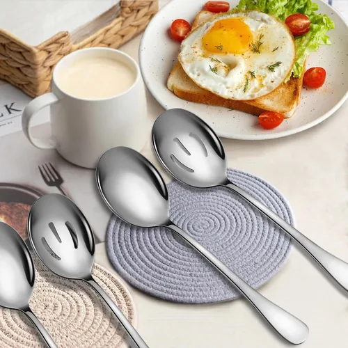 Miniatura 5 de Juego de 4 cucharas de servicio de acero inoxidable, 10 pulgadas, incluye 2 grandes, 2 ranuradas, para fiestas, cocina, bufé, catering, apto