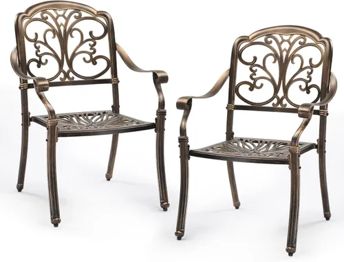 Miniatura 9 de VINGLI Juego de 2 sillas de patio apilables de aluminio fundido para exteriores con acabado negro vintage y patrón floral, sillones de metal