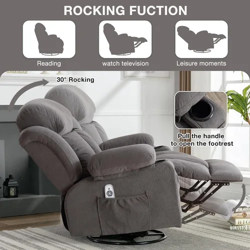 Miniatura 5 de Silla giratoria reclinable de masaje reclinable con carga USB y control remoto de carga lumbar de 8 puntos, modos de vibración de 350 libras