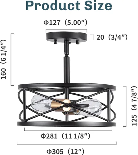 Miniatura 6 de mavcadonf Lámpara de techo semiempotrada de 2 luces, de 14 pulgadas, industrial y moderna, con jaula de metal, lámpara de techo con acabado