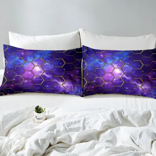 Miniatura 4 de Manfei Juego de sábanas bajeras de panal de galaxia, tamaño individual, 2 piezas, estampado geométrico hexagonal, funda de cama de cielo estrellado