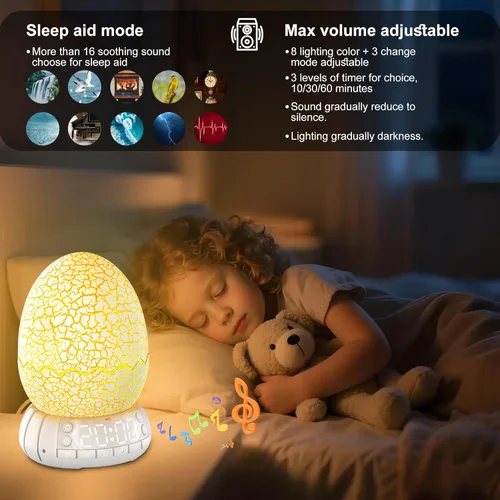 Miniatura 5 de Reloj despertador de huevo de dinosaurio mejorado/reloj digital con luz nocturna, temporizador de 20 sonidos relajantes ayuda a dormir/altavoz