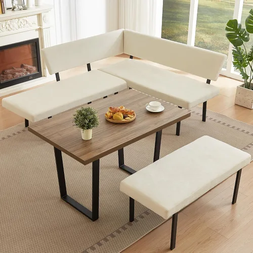 Miniatura 10 de HIPIHOM Moderno banco de comedor en forma de L, sofá esquinero tapizado de tela de 67 pulgadas con patas de metal para rincón de cocina, sala