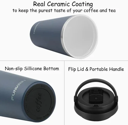Miniatura 2 de Funkrin Taza de café aislada con revestimiento de cerámica, taza de café helado de 16 onzas con tapa abatible y asa, taza de viaje a prueba de fugas