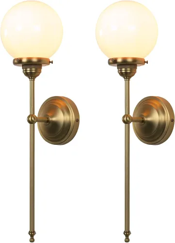 Miniatura 10 de Lámpara de pared industrial vintage, pantalla de globo de vidrio blanco lechoso con brazo largo, lámpara de pared de latón antiguo, lámpara de pared