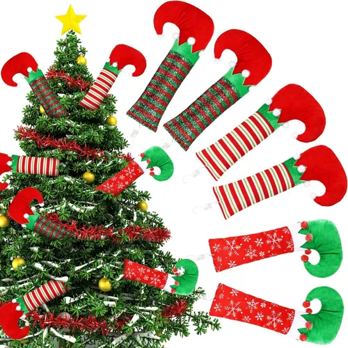 6 patas de elfo de Navidad, púa de botas, rayas con purpurina, patas rellenas de elfo con alambre fijo, decoraciones colgantes para árbol de