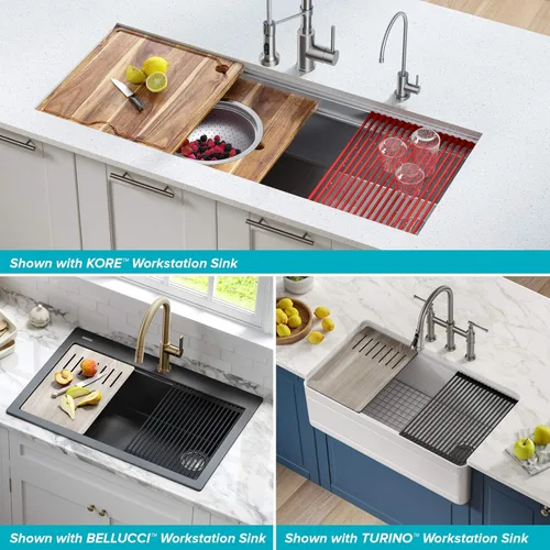 Miniatura 8 de Kraus Multiusos Escurreplatos Enrollable para Fregadero con Colador y Esterilla en Aqua, KRM-11AQ