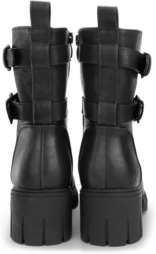 Miniatura 4 de Tobfis Botas de combate para mujer con hebilla lateral y tacón grueso, Negro, 0