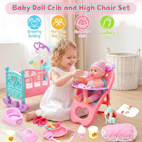 Miniatura 2 de deAO Juego de Muñecas de Bebé de 12" con Cuna, Móvil, Silla Alta, Accesorios de Alimentación, Muñecas Interactivas para Niñas, Juego de Simulación