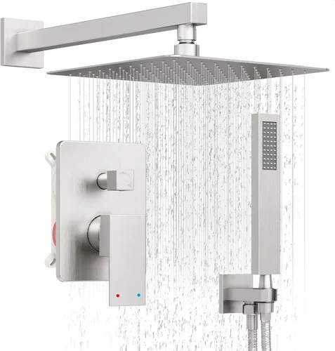 Sistema de Ducha de Níquel Cepillado, Conjunto de Grifería de Ducha con Cabezal de Ducha de Lluvia de 10 Pulgadas y Rociador Manual, Conjunto
