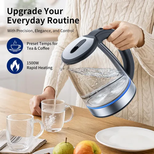 Miniatura 4 de Hervidor eléctrico de vidrio de 2 L, 1500 W, hervidor de agua caliente de ebullición rápida con apagado automático, luz LED, sin BPA, vidrio