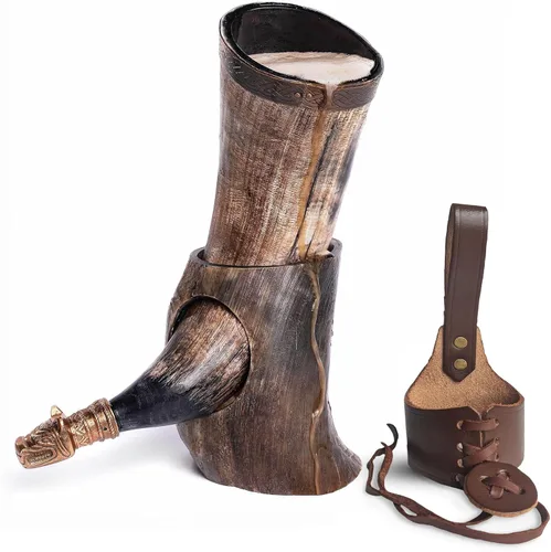 Miniatura 10 de Norse Tradesman Cuerno vikingo de cuerno de buey genuino de 12 pulgadas con exquisito lobo grabado a mano y nudo celta, funda de cinturón de cuero