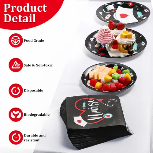 Miniatura 4 de 200 piezas de decoraciones de fiesta de enfermería de graduación, platos de fiesta de la semana del médico, incluye platos desechables de papel de 9