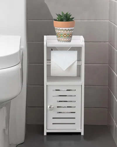 Miniatura 5 de AOJEZOR - Soporte de papel higiénico: gabinete pequeño de almacenamiento para baño - Negro - Bambú Blanco/Bambú
