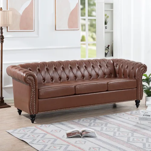 Chesterfield - Sofá tapizado de piel sintética, con respaldo copetudo, sofá clásico de cuero de 3 plazas, brazo enrollado para sala de estar, Marrón
