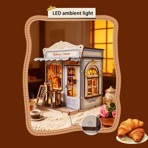Miniatura 4 de Kits de rincón de libros para adultos, casa de muñecas en miniatura para panadería y pastelería Acogedor rompecabezas de madera 3D, un regalo