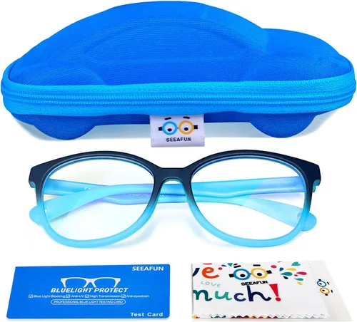 Miniatura 8 de Gafas de luz azul para niños y niñas con bonita funda de automóvil, protección UV400, antirayos azules, edades de 3 a 12 años Azul transparente