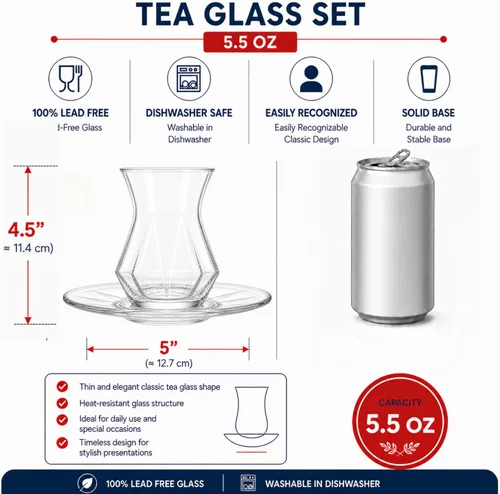 Miniatura 2 de Juego de 6 vasos de té turco con platillos, tazas de té transparentes de diseño especial para bebidas calientes y té de hierbas, tazas de té