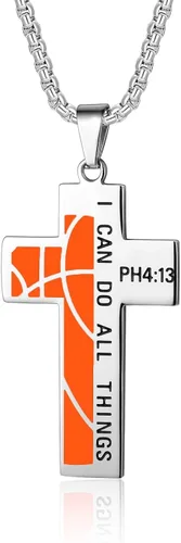 Susook Basketball Cross Necklace for Boys Bible Verse I CAN DO All Things Stainless Steel Sport Pendant for Men
