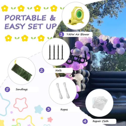 Miniatura 5 de Casa de Rebote Negra para Adultos y Niños, Casa de Rebote de Grado Comercial de PVC de 13.5 pies x 11.5 pies x 10 pies con Soplador Potente de 750W