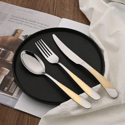 Miniatura 5 de Juego de cubiertos de 16 piezas de acero inoxidable 18/0 plateado con mango dorado, multiuso para el hogar, cocina, restaurante, hotel, servicio